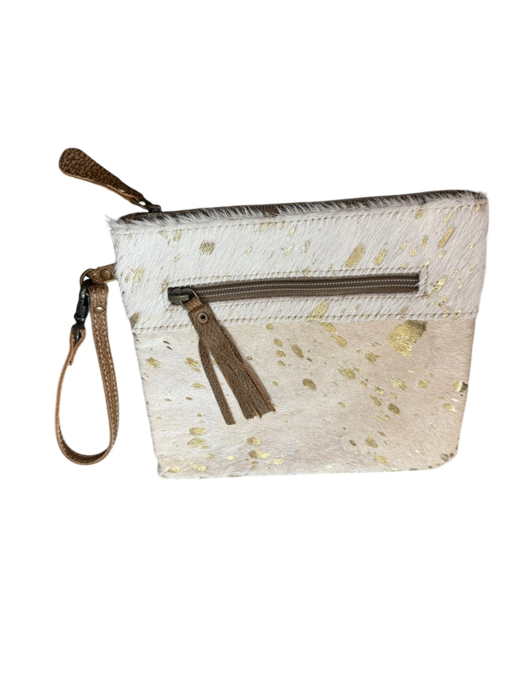 Myra Bag Ivory Haircalf Wristlet with Gold Fleck and Tan Trim